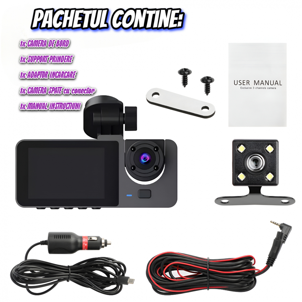 Camera de bord auto DVR tripla OnXsmart®, 1080P Full-HD, Ecran IPS 2.35" Unghi filmare 170°, Starlight NIGHT VISION, WDR, Detectarea miscarii, G-senzor, Loop recording, Card SD 32gb inclus [8]