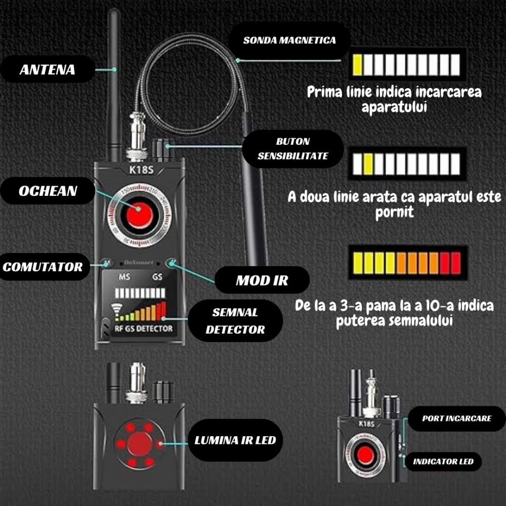 Detector Aparate Spionaj profesional K18s OnXsmart®, Camere ascunse, Microfoane, Dispozitive ascunse, Reportofoane, Localizatoare GPS, Baterie de lunga durata, Negru [4]