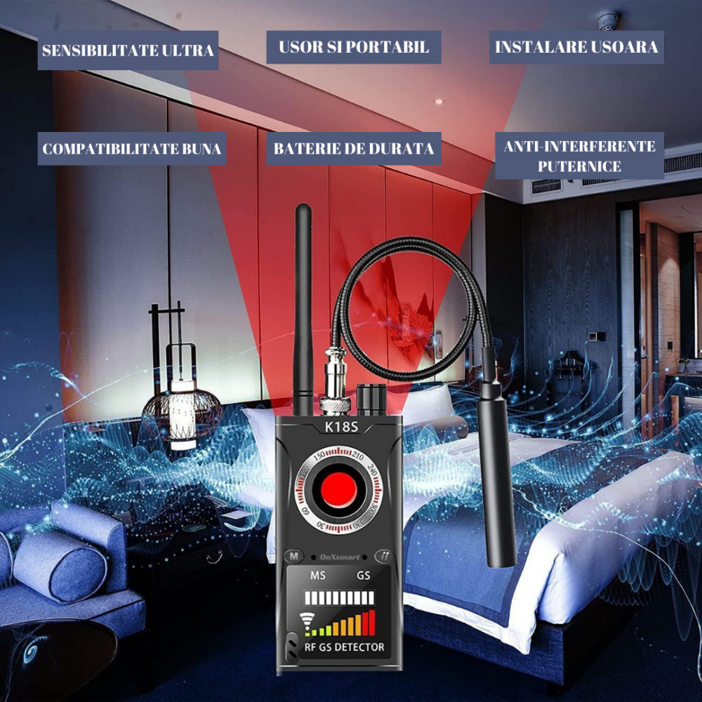 Detector Aparate Spionaj profesional K18s OnXsmart®, Camere ascunse, Microfoane, Dispozitive ascunse, Reportofoane, Localizatoare GPS, Baterie de lunga durata, Negru [7]
