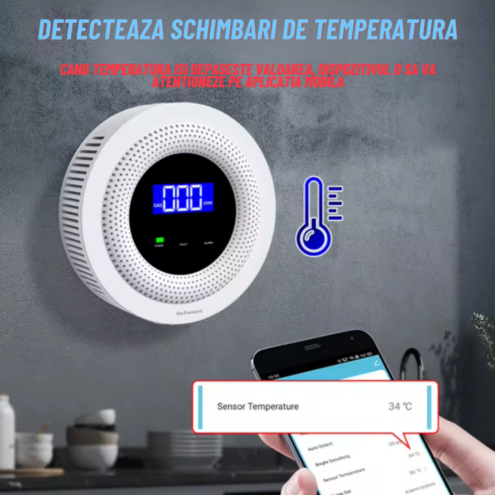 Detector de Gaz OnXsmart®, Multiple tipuri de gaz, Wifi 2.4G, Alarme prin aplicatia Tuya, Senzor de temperatura, Afisaj LCD al concentratiei, alimentare la priza, foarte precis, alb [15]