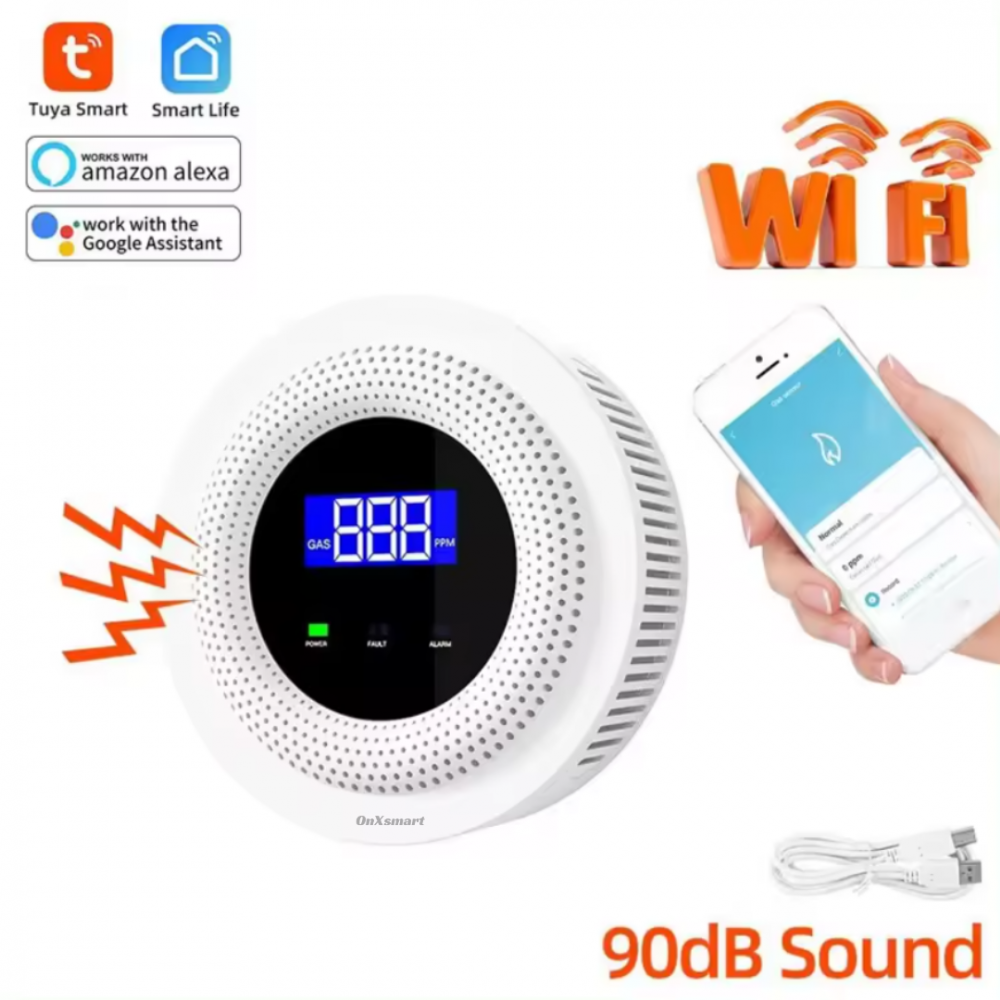 Detector de Gaz OnXsmart®, Multiple tipuri de gaz, Wifi 2.4G, Alarme prin aplicatia Tuya, Senzor de temperatura, Afisaj LCD al concentratiei, alimentare la priza, foarte precis, alb [8]