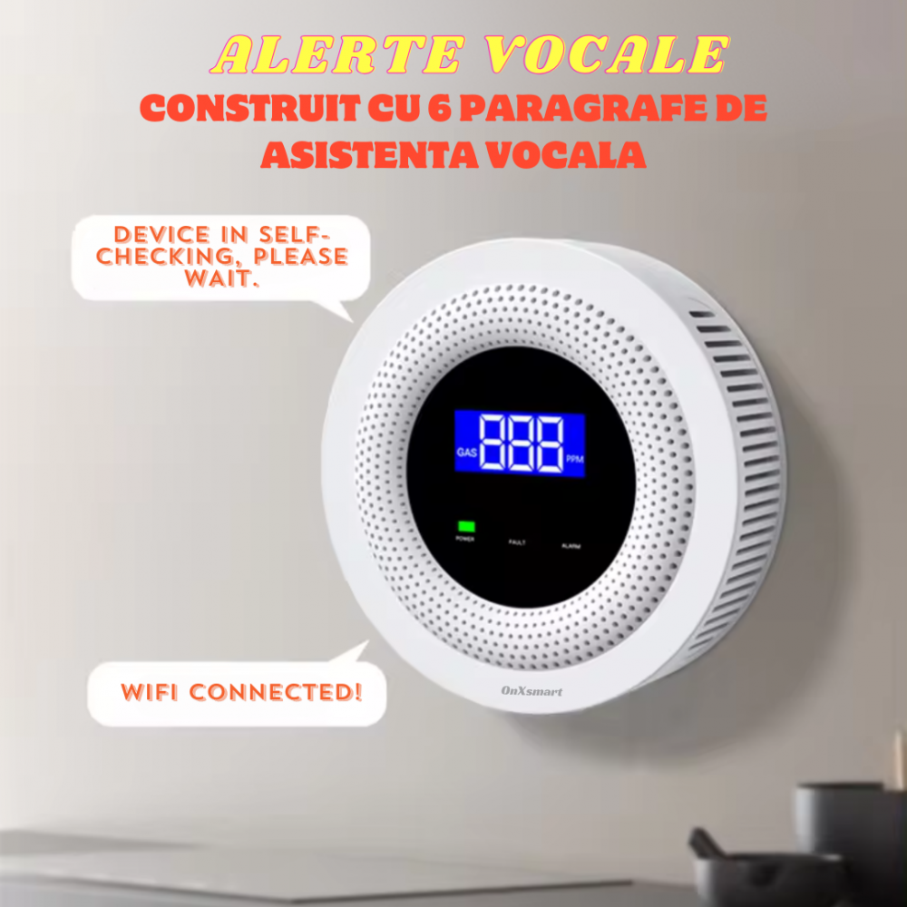 Detector de Gaz OnXsmart®, Multiple tipuri de gaz, Wifi 2.4G, Alarme prin aplicatia Tuya, Senzor de temperatura, Afisaj LCD al concentratiei, alimentare la priza, foarte precis, alb [11]