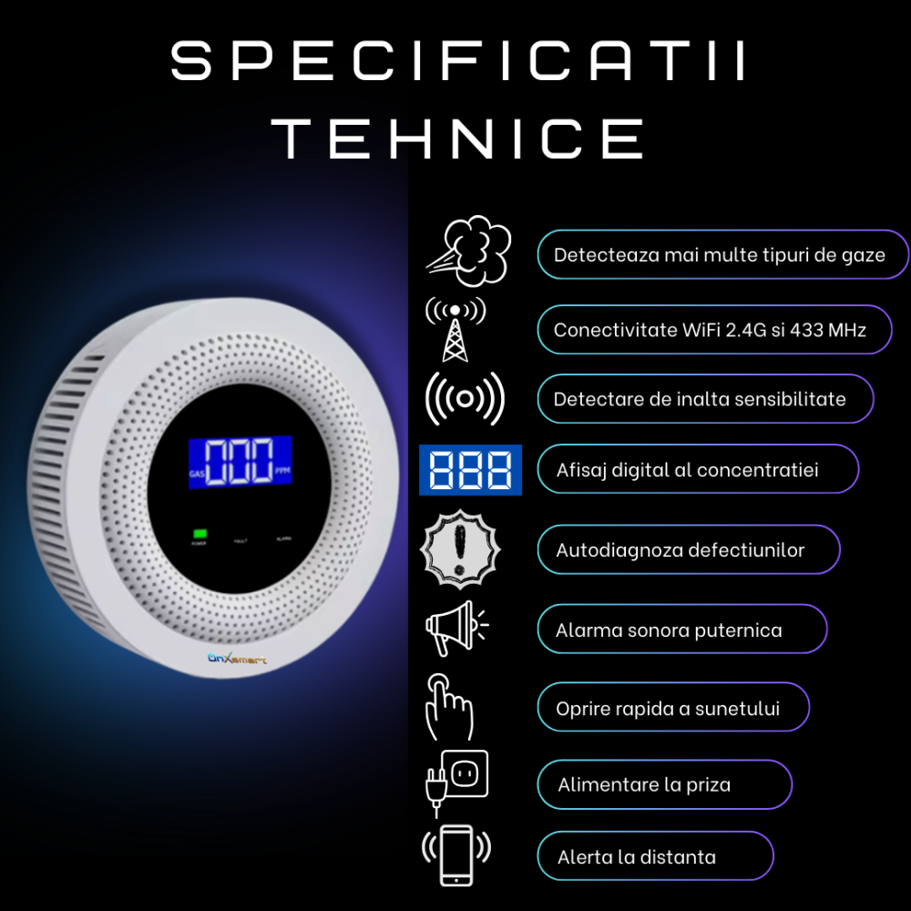 Detector Gaz OnXsmart WiFi, Tuya, Afisaj Digital, Alarma 90 dB, Senzor Temperatura [8]