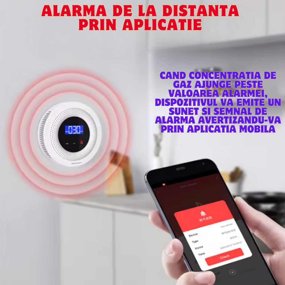 Detector de Gaz OnXsmart®, Multiple tipuri de gaz, Wifi 2.4G, Alarme prin aplicatia Tuya, Senzor de temperatura, Afisaj LCD al concentratiei, alimentare la priza, foarte precis, alb [10]