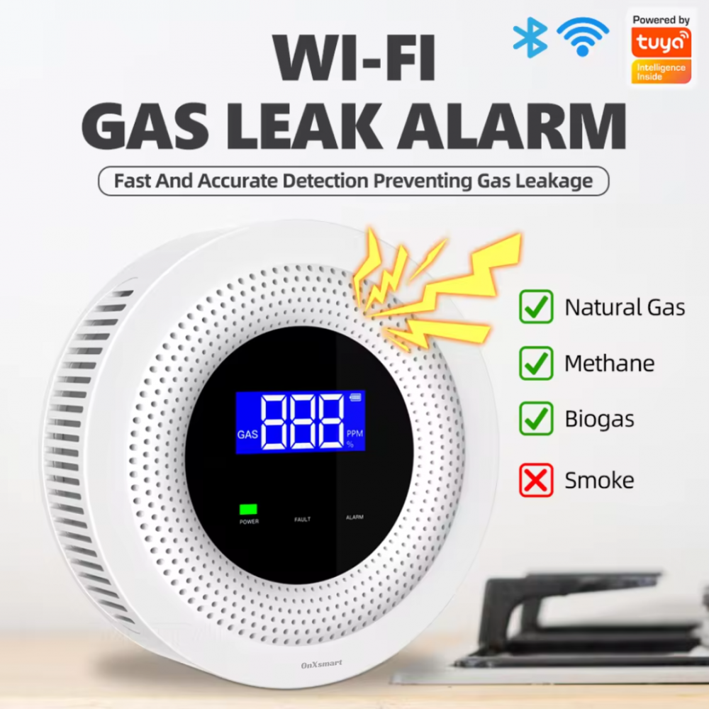 Detector de Gaz OnXsmart®, Multiple tipuri de gaz, Wifi 2.4G, Alarme prin aplicatia Tuya, Senzor de temperatura, Afisaj LCD al concentratiei, alimentare la priza, foarte precis, alb [6]