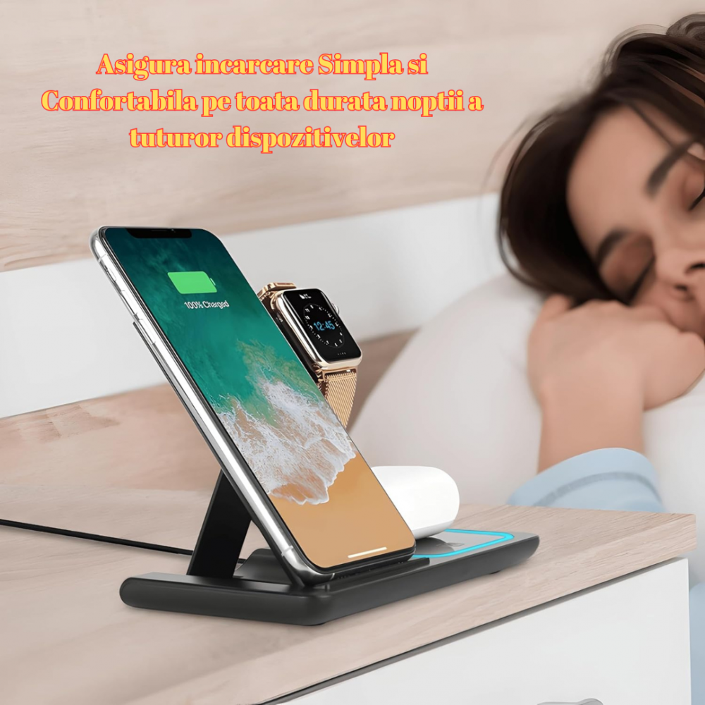 Incarcator wireless OnXsmart®, Statie incarcare 3 in 1, Incarcare rapida QI 15W, UNIVERSAL, Adaptor inclus, Compatibil cu SAMSUNG, IPHONE, APPLE WATCH, AIRPODS, Negru [2]