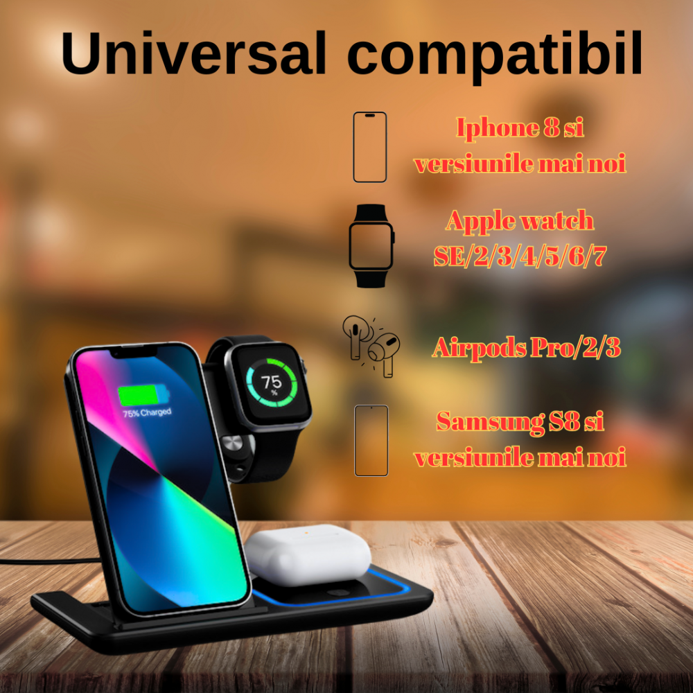 Incarcator wireless OnXsmart®, Statie incarcare 3 in 1, Incarcare rapida QI 15W, UNIVERSAL, Adaptor inclus, Compatibil cu SAMSUNG, IPHONE, APPLE WATCH, AIRPODS, Negru [3]