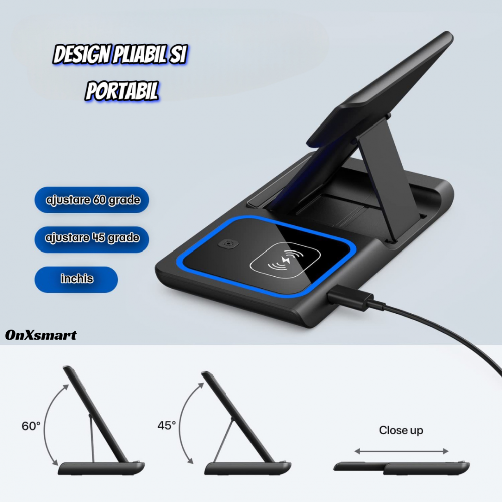 Incarcator wireless OnXsmart®, Statie incarcare 3 in 1, Incarcare rapida QI 15W, UNIVERSAL, Adaptor inclus, Compatibil cu SAMSUNG, IPHONE, APPLE WATCH, AIRPODS, Negru [8]