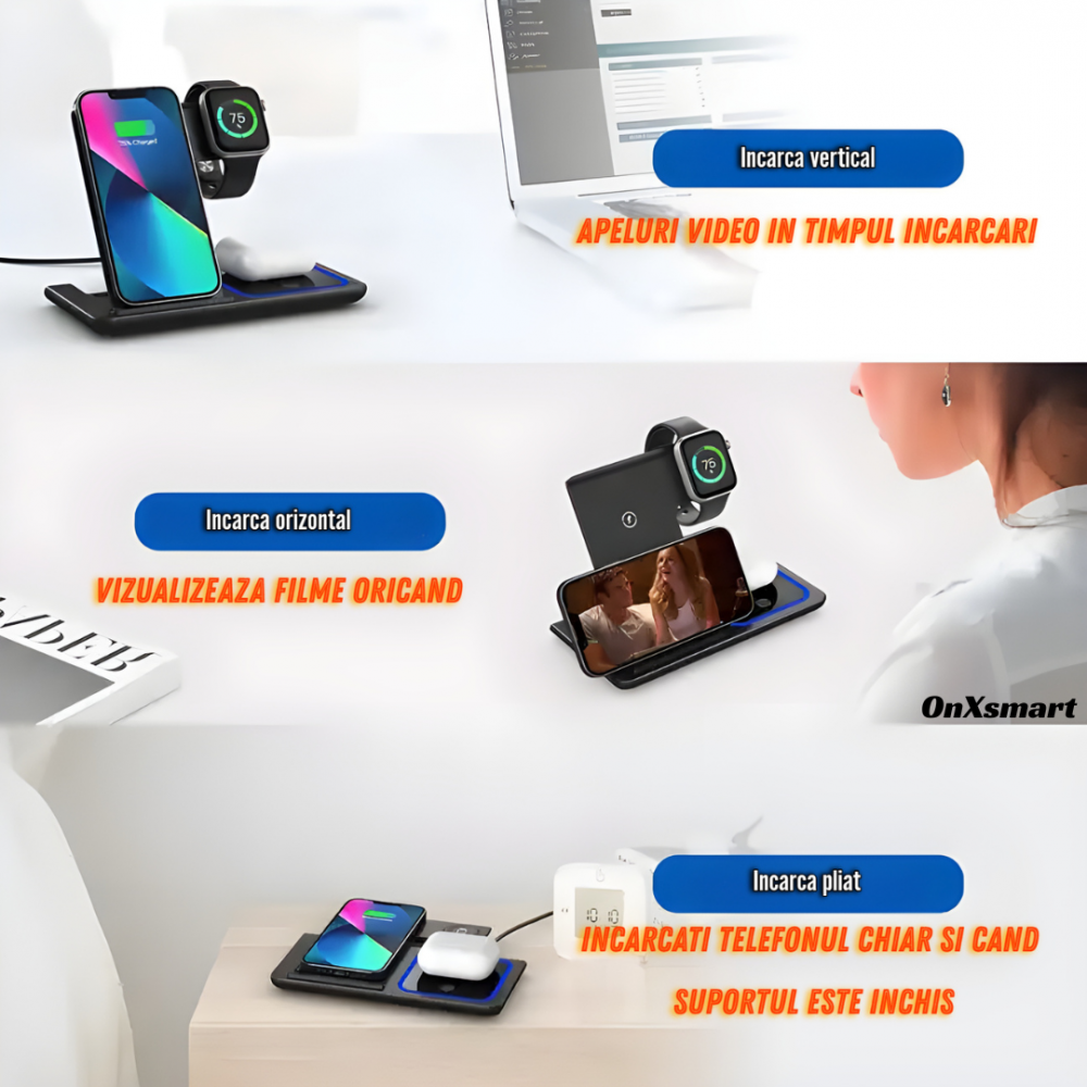 Incarcator wireless OnXsmart®, Statie incarcare 3 in 1, Incarcare rapida QI 15W, UNIVERSAL, Adaptor inclus, Compatibil cu SAMSUNG, IPHONE, APPLE WATCH, AIRPODS, Negru [9]