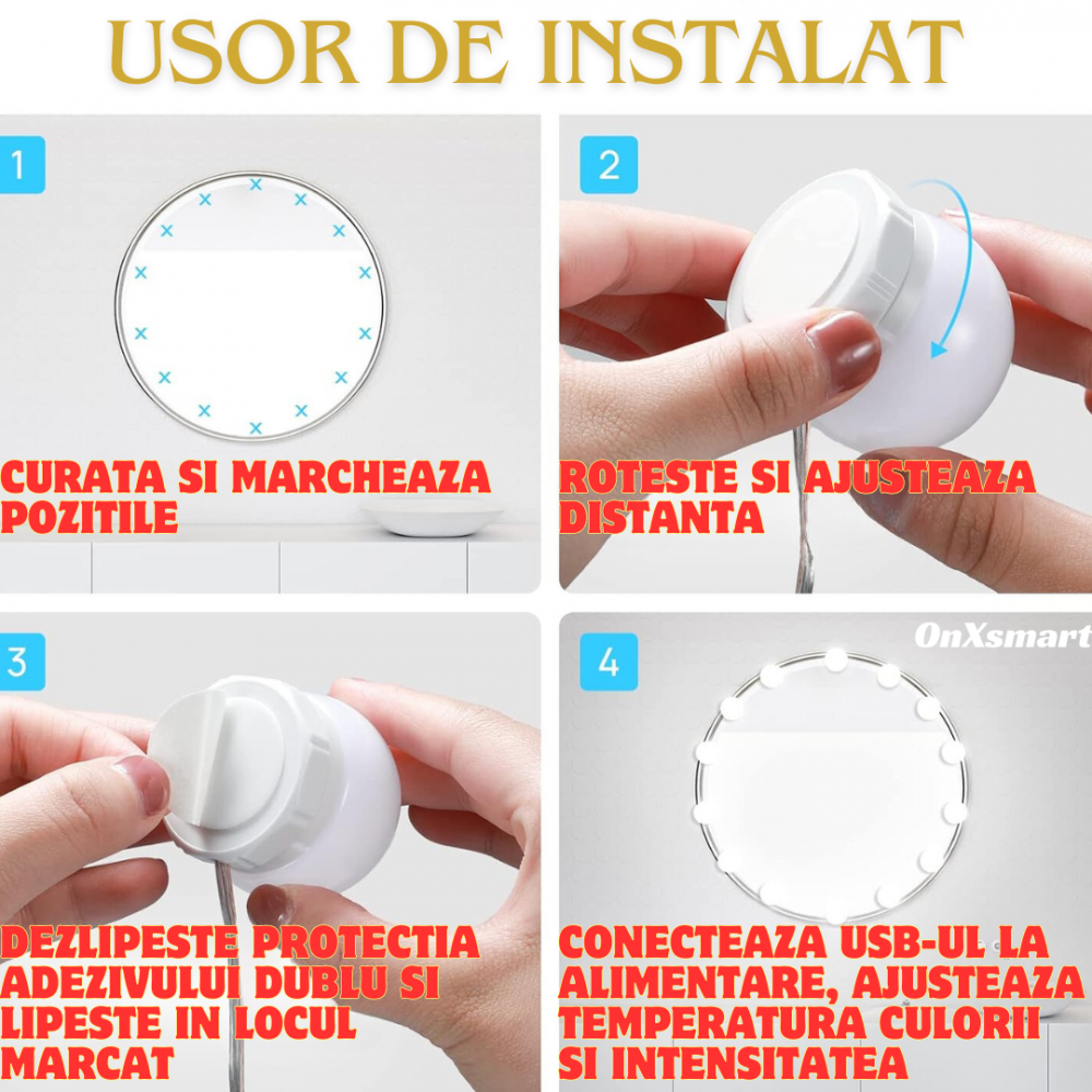 Kit 14 Becuri LED OnXsmart® pentru Oglinda Make-Up, Stil Hollywood, 3 Moduri de Iluminare pentru un Machiaj Perfect, Vanity LED Mirror, incarcare USB [4]
