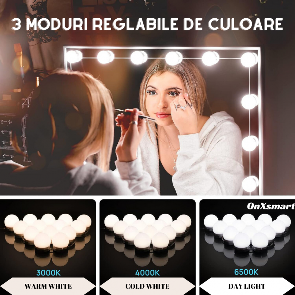 Kit 14 Becuri LED OnXsmart® pentru Oglinda Make-Up, Stil Hollywood, 3 Moduri de Iluminare pentru un Machiaj Perfect, Vanity LED Mirror, incarcare USB [2]