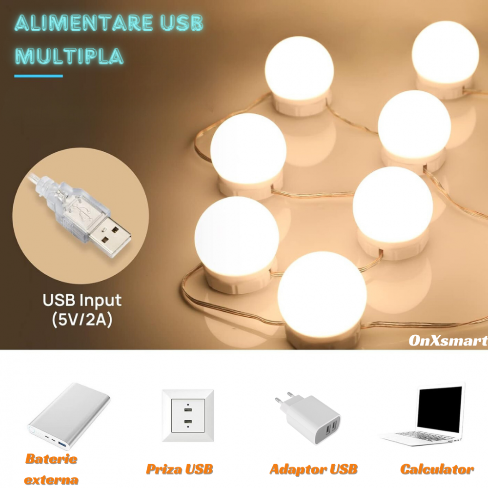 Kit 14 Becuri LED OnXsmart® pentru Oglinda Make-Up, Stil Hollywood, 3 Moduri de Iluminare pentru un Machiaj Perfect, Vanity LED Mirror, incarcare USB [3]