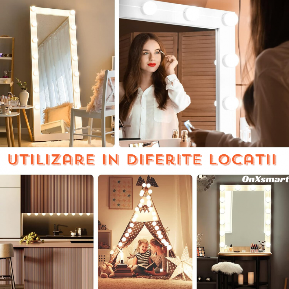 Kit 14 Becuri LED OnXsmart® pentru Oglinda Make-Up, Stil Hollywood, 3 Moduri de Iluminare pentru un Machiaj Perfect, Vanity LED Mirror, incarcare USB [5]