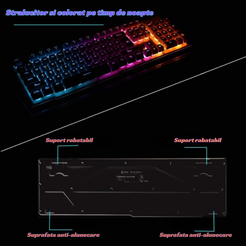Kit Gaming Tastatura mecanica si Mouse RGB, Design Fagure, Ultra Usor, DPI Reglabil, Iluminare Multicolora, Anti-Alunecare, Silver [6]