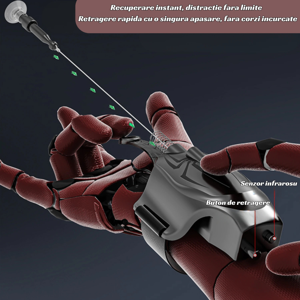Lansator ventuze cu manusa tip Spider-Man, OnXsmart®, tragere pana la 3m, revenire automata, jucarie interactiva cu prindere pe mana, set complet erou, cadou pentru copii 3+ ani, ROSU [6]