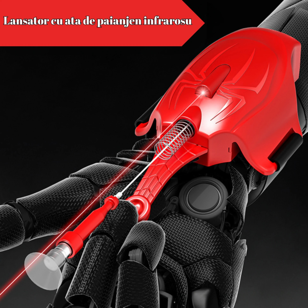 Lansator ventuze cu manusa tip Spider-Man, OnXsmart®, tragere pana la 3m, revenire automata, jucarie interactiva cu prindere pe mana, set complet erou, cadou pentru copii 3+ ani, ROSU [2]