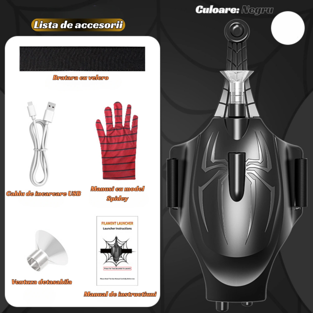 Lansator ventuze cu manusa tip Spider-Man, OnXsmart®, tragere pana la 3m, revenire automata, jucarie interactiva cu prindere pe mana, set complet erou, cadou pentru copii 3+ ani, NEGRU [6]