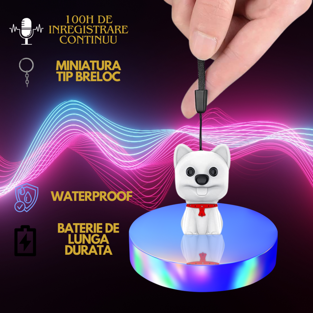Mini reportofon spion tip breloc in forma de caine OnXsmart®, F-12, 32 GB, inregistrare pana la 100 ore continuu,  activare vocala, Noise reduction, Waterproof, MP3 player, alb [5]