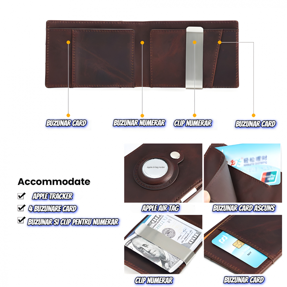Portofel barbati din piele naturala OnXsmart®, Agrafa pentru bani, Buzunar Apple Air Tag, Super slim, suport bifold pentru card de credit cu protectie RFID, ciocolatiu [5]