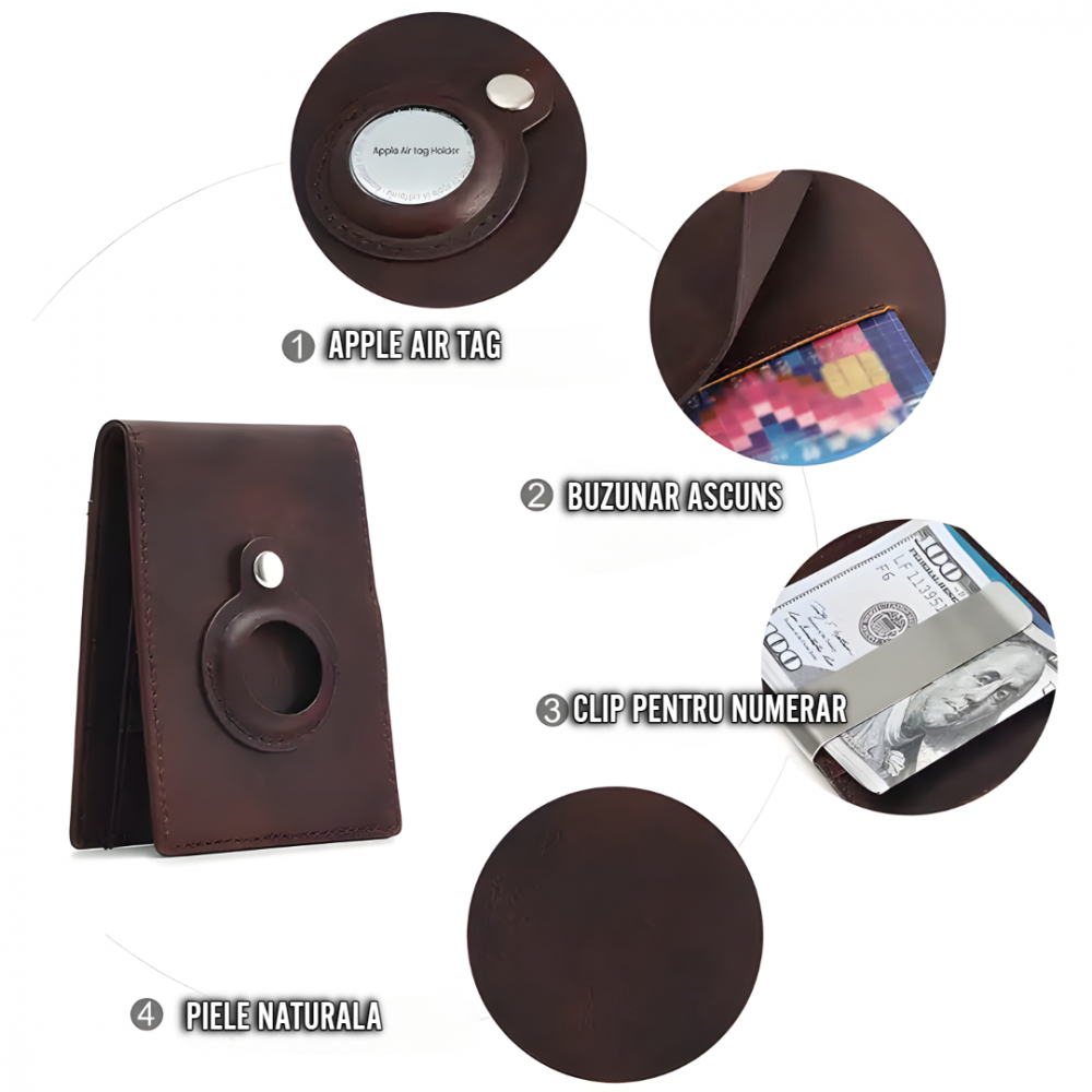 Portofel barbati din piele naturala OnXsmart®, Agrafa pentru bani, Buzunar Apple Air Tag, Super slim, suport bifold pentru card de credit cu protectie RFID, ciocolatiu [3]