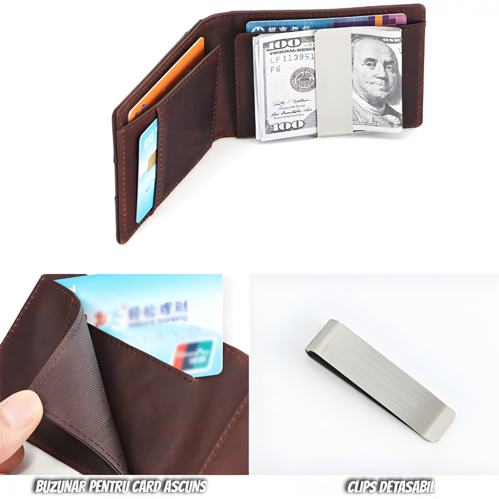 Portofel barbati din piele naturala OnXsmart®, Agrafa pentru bani, Buzunar Apple Air Tag, Super slim, suport bifold pentru card de credit cu protectie RFID, ciocolatiu [7]