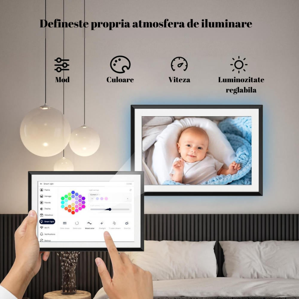 Rama foto digitala WiFi 10.1 OnXsmart, ecran tactil IPS HD 1280x800, cu LED integrat, Android 6, lumini RGB ambientale, 32GB stocare interna, Suporta card pana la 128GB, partajarea fotografiilor si vi [5]