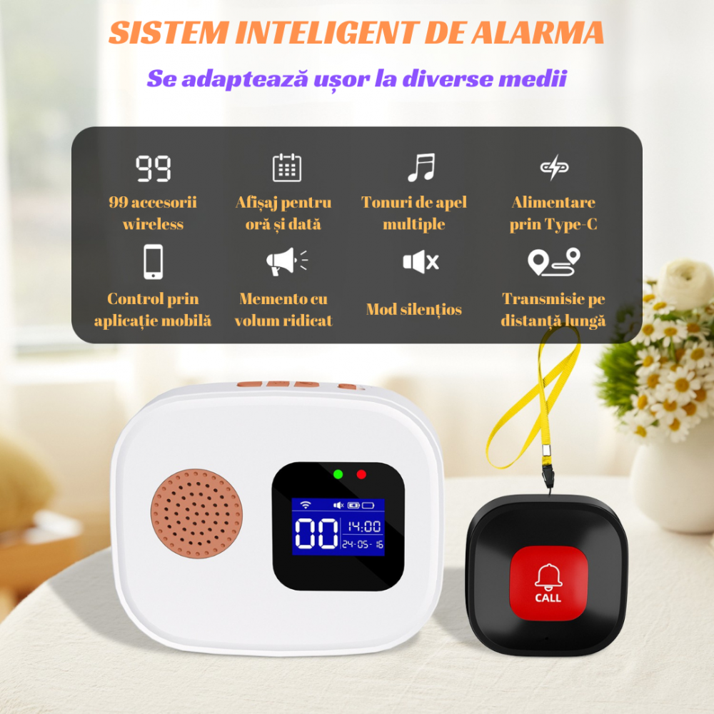 Set Ceas de panica cu buton SOS sirena locala OnXsmart, Afisaj Digital, Conectare WIFI aplicatia Tuya si SmartLife, Compatibil cu amazon alexa si Google Assistant, Notificari pe telefon, Distanta 100m [3]