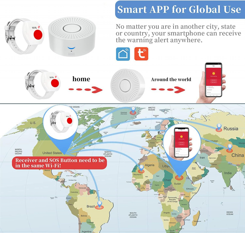 Set Ceas de panica cu buton SOS sirena locala si telecomanda OnXsmart, Conectare WIFI aplicatia Tuya si SmartLife, Compatibil cu amazon alexa si Google Assistant, Notificari pe telefon, Distanta 100m, [3]