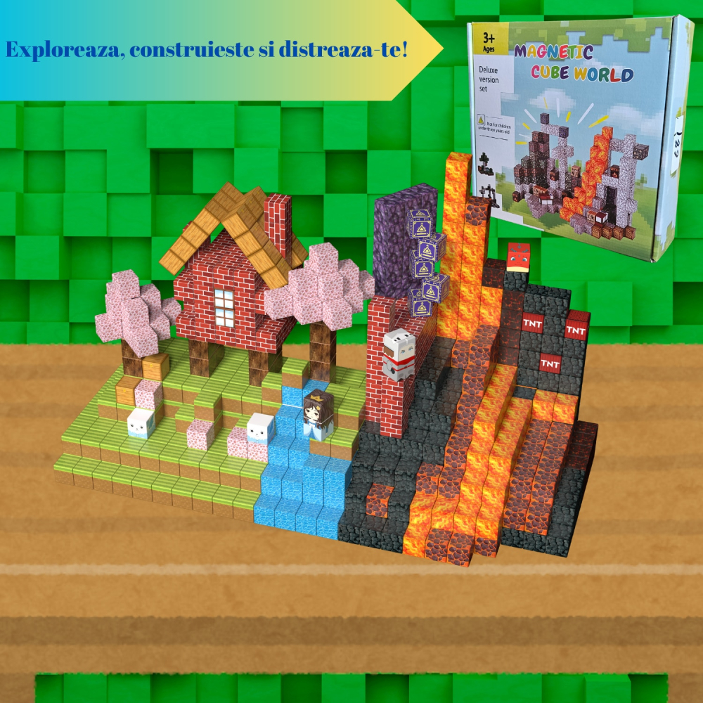 Set de Constructie de tip Minecraft Magnetic OnXsmart®, 128 Piese, Cuburi Mari 25 mm, Asamblare Magnetica 3D, Tip Minecraft, Activitati Senzoriale, Educativ si Creativ, STEM, BPA Free, 3 ani+, Multico [3]