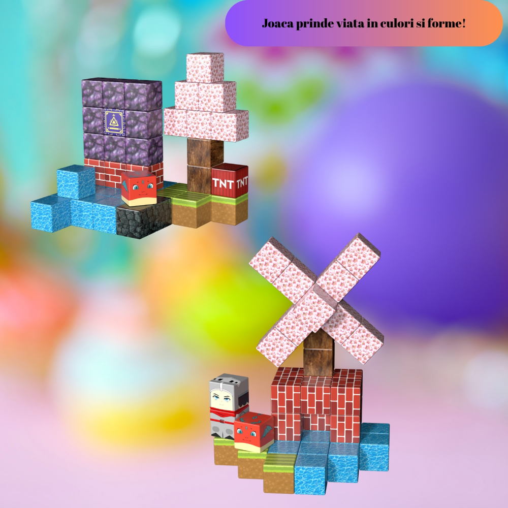 Set de Constructie de tip Minecraft Magnetic OnXsmart®, 128 Piese, Cuburi Mari 25 mm, Asamblare Magnetica 3D, Tip Minecraft, Activitati Senzoriale, Educativ si Creativ, STEM, BPA Free, 3 ani+, Multico [7]
