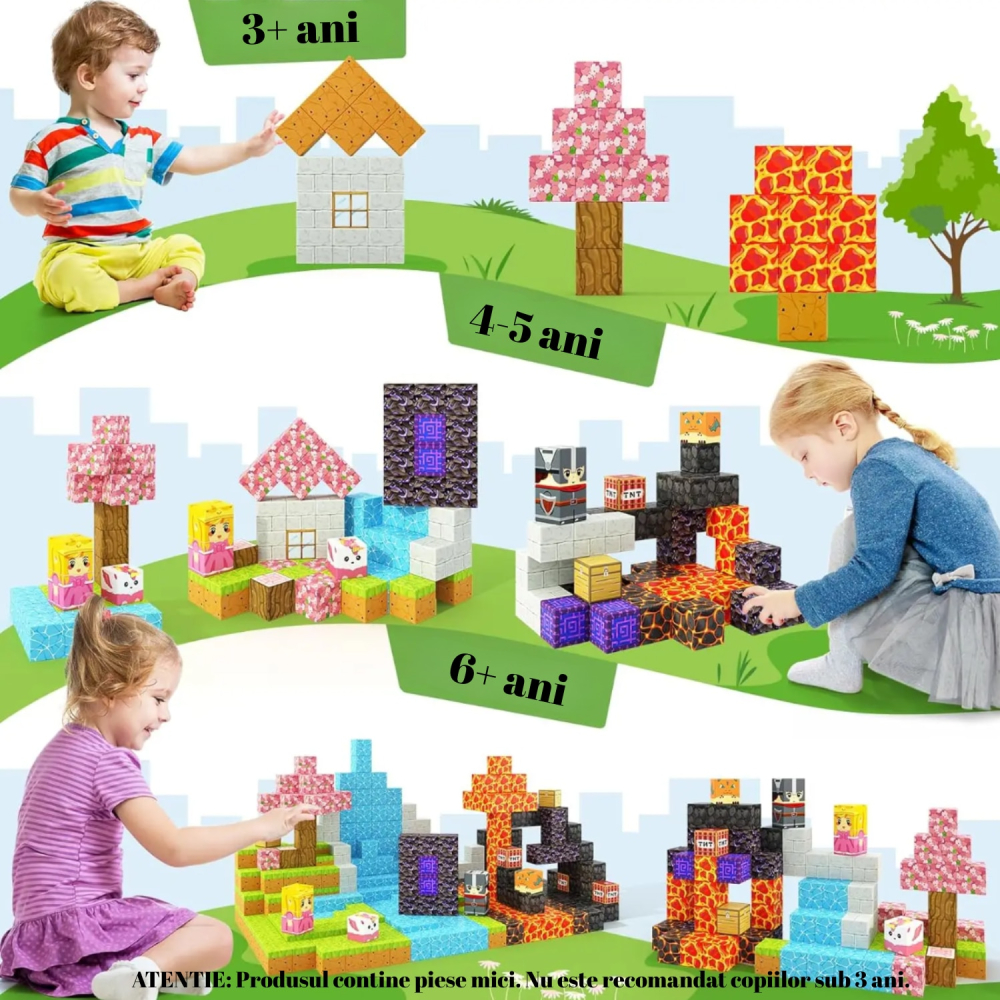 Set de Constructie de tip Minecraft Magnetic OnXsmart®, 128 Piese, Cuburi Mari 25 mm, Asamblare Magnetica 3D, Tip Minecraft, Activitati Senzoriale, Educativ si Creativ, STEM, BPA Free, 3 ani+, Multico [5]