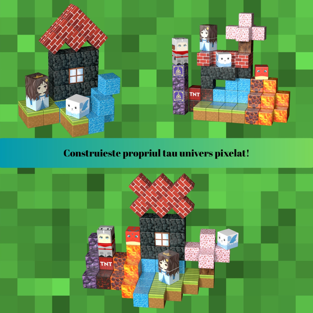 Set de Constructie de tip Minecraft Magnetic OnXsmart®, 128 Piese, Cuburi Mari 25 mm, Asamblare Magnetica 3D, Tip Minecraft, Activitati Senzoriale, Educativ si Creativ, STEM, BPA Free, 3 ani+, Multico [6]