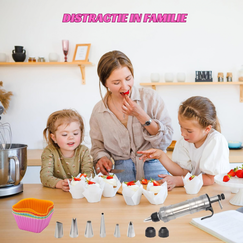 Set seringa ornat profesionala din otel inoxidabil OnXsmart®, decorare Prajituri Torturi Briose, 6 duze cu 2 cuplaje, 8 forme briose, Negru [6]