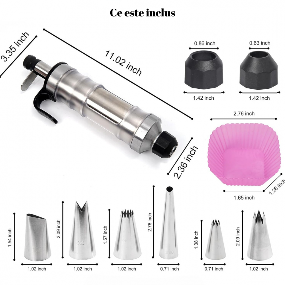 Set seringa ornat profesionala din otel inoxidabil OnXsmart®, decorare Prajituri Torturi Briose, 6 duze cu 2 cuplaje, 8 forme briose, Negru [7]
