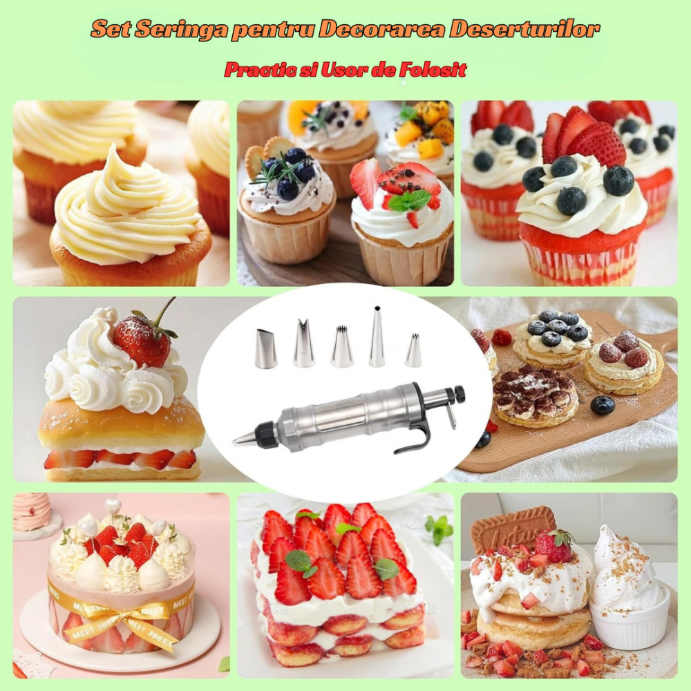 Set seringa ornat profesionala din otel inoxidabil OnXsmart®, decorare Prajituri Torturi Briose, 6 duze cu 2 cuplaje, 8 forme briose, Negru [2]