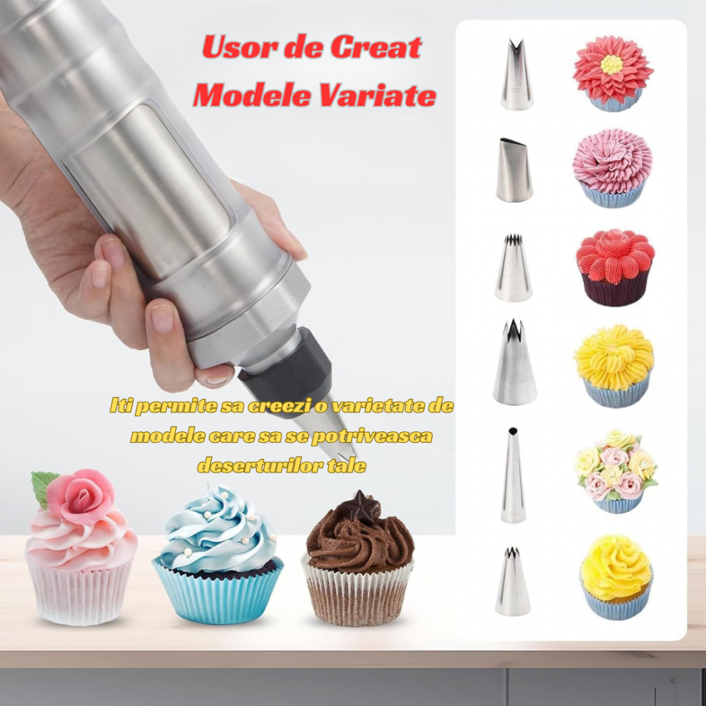 Set seringa ornat profesionala din otel inoxidabil OnXsmart®, decorare Prajituri Torturi Briose, 6 duze cu 2 cuplaje, 8 forme briose, Negru [3]