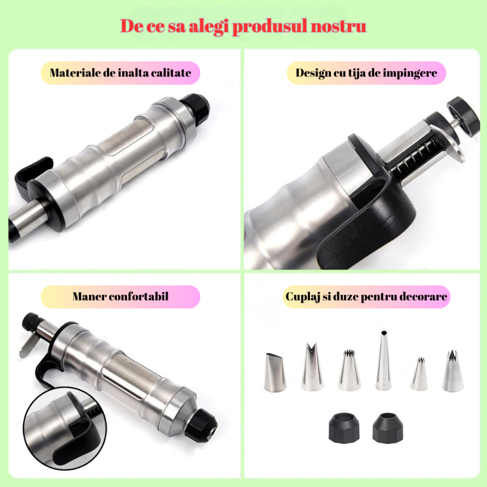 Set seringa ornat profesionala din otel inoxidabil OnXsmart®, decorare Prajituri Torturi Briose, 6 duze cu 2 cuplaje, 8 forme briose, Negru [5]