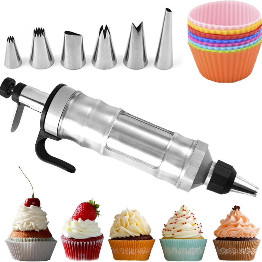 Set seringa ornat profesionala din otel inoxidabil OnXsmart®, decorare Prajituri Torturi Briose, 6 duze cu 2 cuplaje, 8 forme briose, Negru [9]