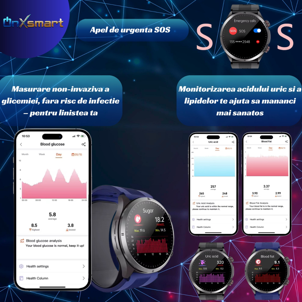 Smartwatch OnXsmart Health Pro – ECG, asistent vocal AI, tensiune cu airbag, glicemie non-invaziva, oxigen, puls, temperatura, grasimi, apel Bluetooth, NFC, AMOLED, control camera, meteo, autonomie 10 [6]