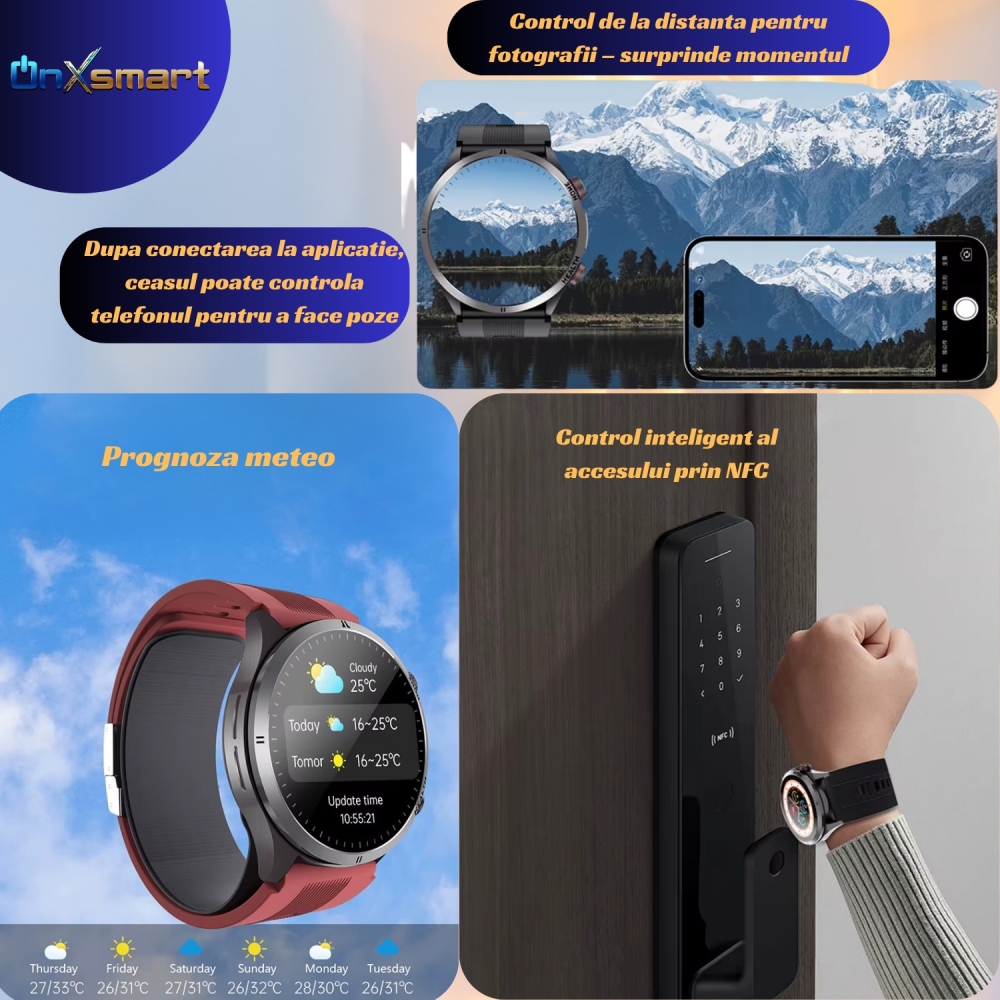 Smartwatch OnXsmart Health Pro – ECG, asistent vocal AI, tensiune cu airbag, glicemie non-invaziva, oxigen, puls, temperatura, grasimi, apel Bluetooth, NFC, AMOLED, control camera, meteo, autonomie 10 [3]