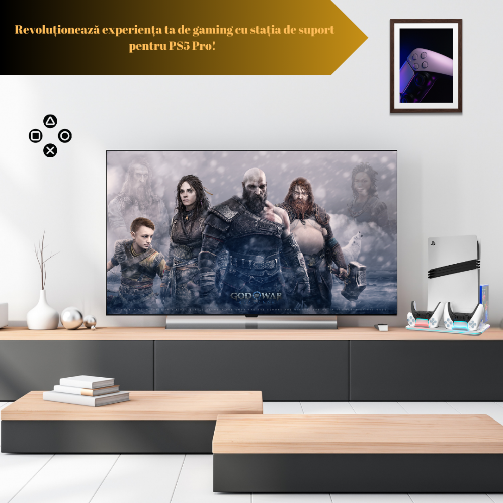 Stand racire incarcare vertical Ps5 OnXsmart®, 5 in 1 multifunctional, Incarcare dubla controllere, Dubla Racire, 15 Sloturi suport jocuri, suport casti, compatibilitate PS5 SLIM, DIGITAL si DISC, con [2]