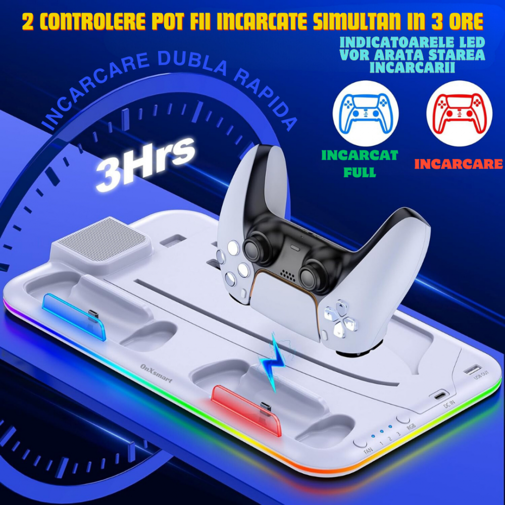Stand racire incarcare vertical Ps5 OnXsmart®, 5 in 1 multifunctional, Incarcare dubla controllere, Dubla Racire, 15 Sloturi suport jocuri, suport casti, compatibilitate PS5 SLIM, DIGITAL si DISC, con [9]