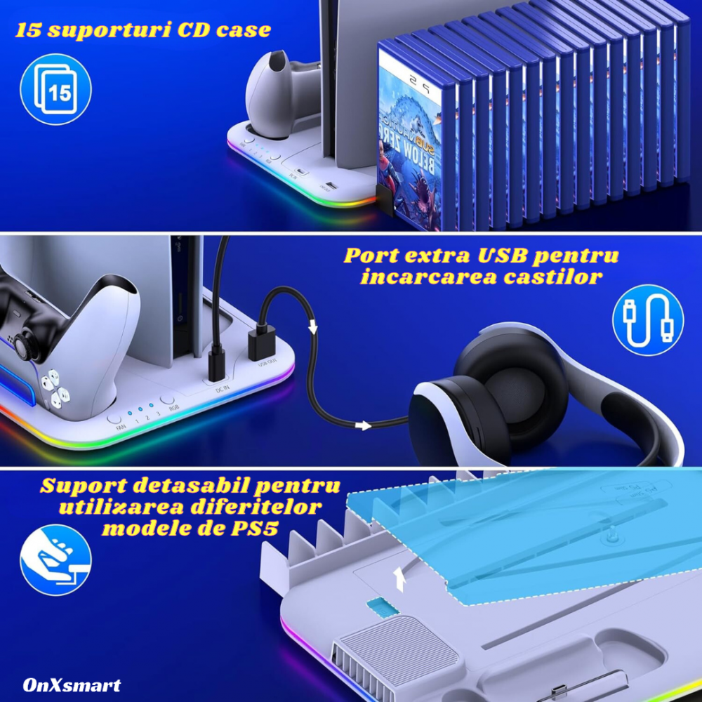 Stand racire incarcare vertical Ps5 OnXsmart®, 5 in 1 multifunctional, Incarcare dubla controllere, Dubla Racire, 15 Sloturi suport jocuri, suport casti, compatibilitate PS5 SLIM, DIGITAL si DISC, con [13]