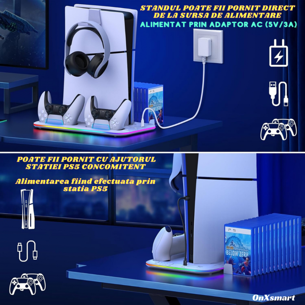 Stand racire incarcare vertical Ps5 OnXsmart®, 5 in 1 multifunctional, Incarcare dubla controllere, Dubla Racire, 15 Sloturi suport jocuri, suport casti, compatibilitate PS5 SLIM, DIGITAL si DISC, con [12]