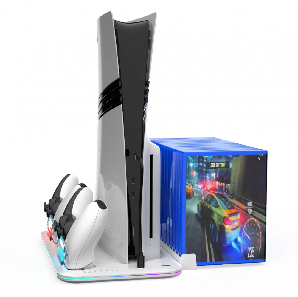 Stand racire incarcare vertical Ps5 OnXsmart®, 5 in 1 multifunctional, Incarcare dubla controllere, Dubla Racire, 15 Sloturi suport jocuri, suport casti, compatibilitate PS5 SLIM, DIGITAL si DISC, con [5]
