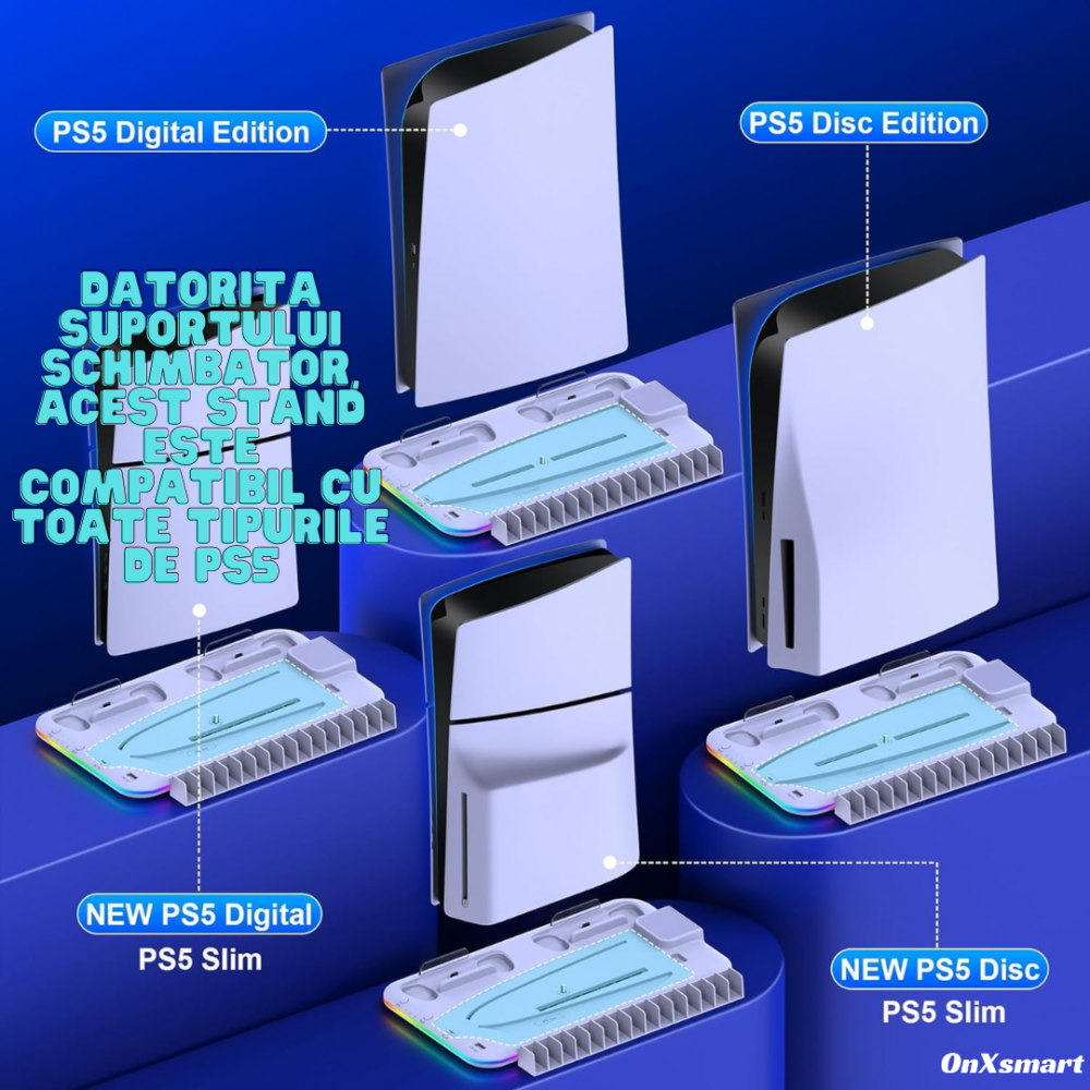 Stand racire incarcare vertical Ps5 OnXsmart®, 5 in 1 multifunctional, Incarcare dubla controllere, Dubla Racire, 15 Sloturi suport jocuri, suport casti, compatibilitate PS5 SLIM, DIGITAL si DISC, con [10]