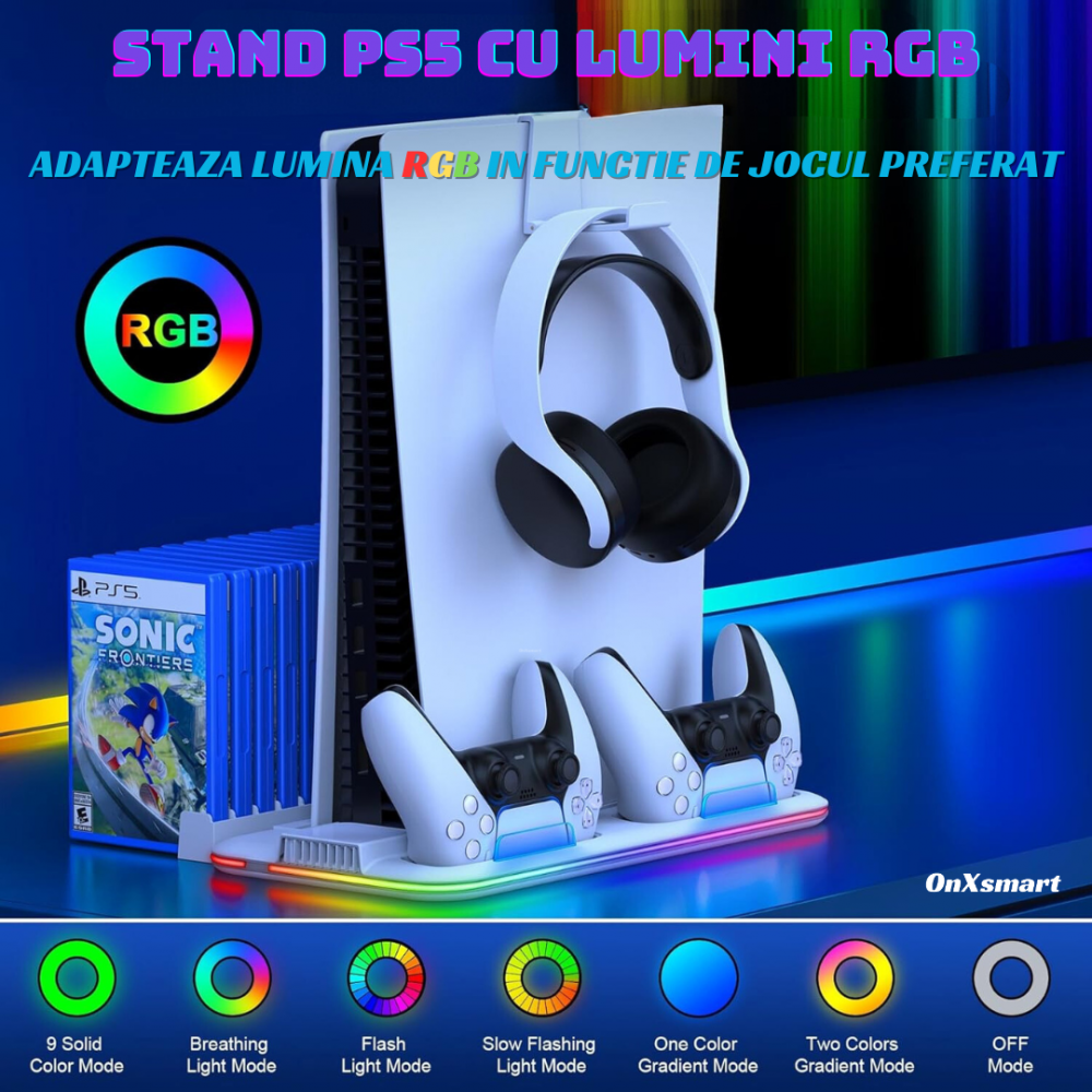 Stand racire incarcare vertical Ps5 OnXsmart®, 5 in 1 multifunctional, Incarcare dubla controllere, Dubla Racire, 15 Sloturi suport jocuri, suport casti, compatibilitate PS5 SLIM, DIGITAL si DISC, con [8]