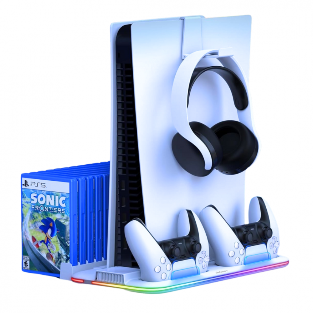 Stand racire incarcare vertical Ps5 OnXsmart®, 5 in 1 multifunctional, Incarcare dubla controllere, Dubla Racire, 15 Sloturi suport jocuri, suport casti, compatibilitate PS5 SLIM, DIGITAL si DISC, con [6]