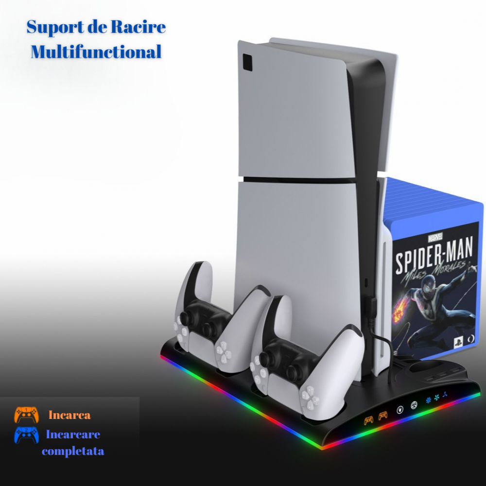 Stand racire incarcare vertical Ps5 OnXsmart®, 5 in 1 multifunctional, Incarcare dubla controllere, Dubla Racire, RGB, Afisaj LED, 13 Sloturi suport jocuri, suport casti, compatibilitate PS5 SLIM, DIG [2]