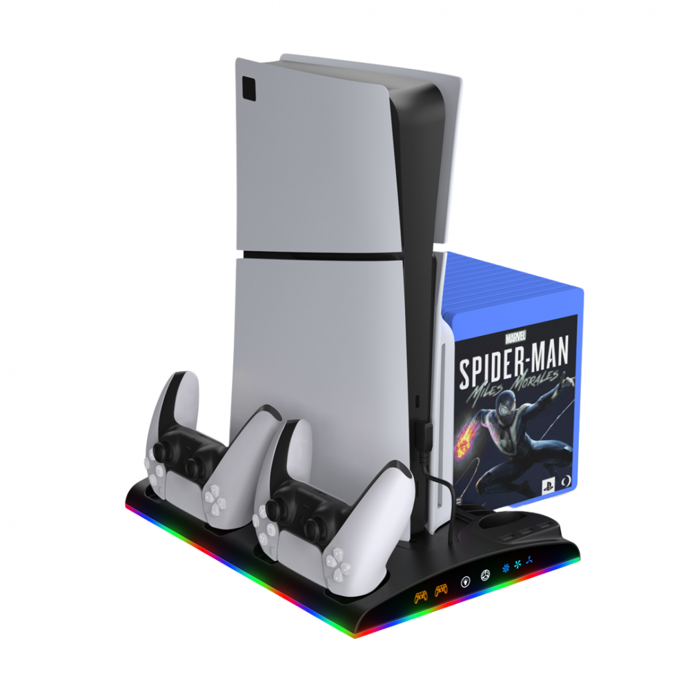 Stand racire incarcare vertical Ps5 OnXsmart®, 5 in 1 multifunctional, Incarcare dubla controllere, Dubla Racire, RGB, Afisaj LED, 13 Sloturi suport jocuri, suport casti, compatibilitate PS5 SLIM, DIG [1]
